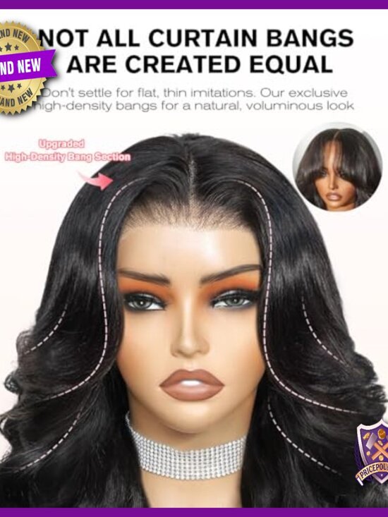 Glueless Human Hair Lace Front Wig with Curtain Bangs 18 Inch